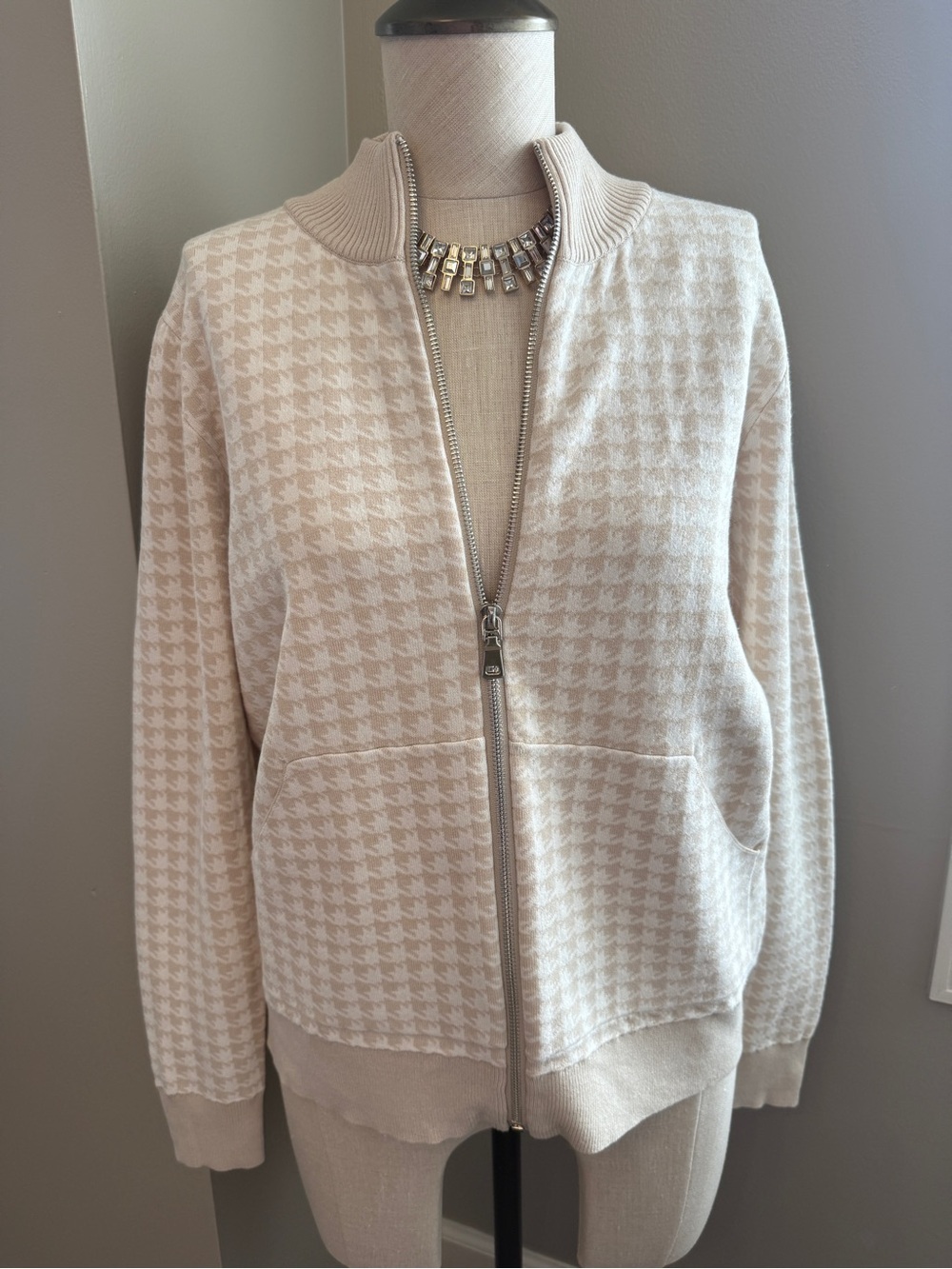 Women's Cream Houndstooth Zip Bomber Jacket
